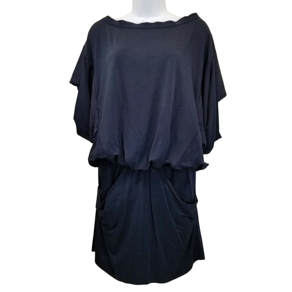 Zara Basic XS Mini Dress Blouson Navy Blue Big Sleeves Pockets Oversized Stretch